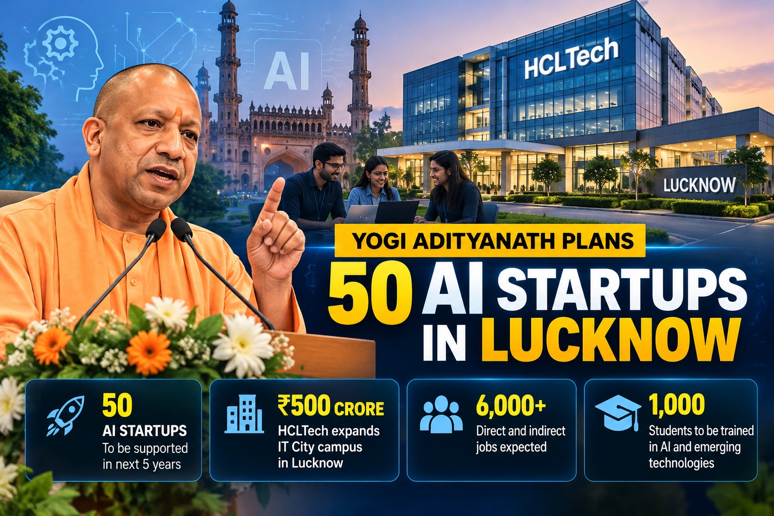 Yogi Adityanath Announces Plan for 50 AI Startups in Lucknow, HCLTech to Invest ₹500 Crore