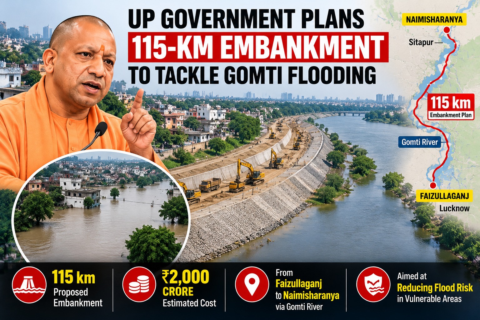 UP Government Plans ₹2,000 Crore, 115-km Embankment Project Along Gomti River