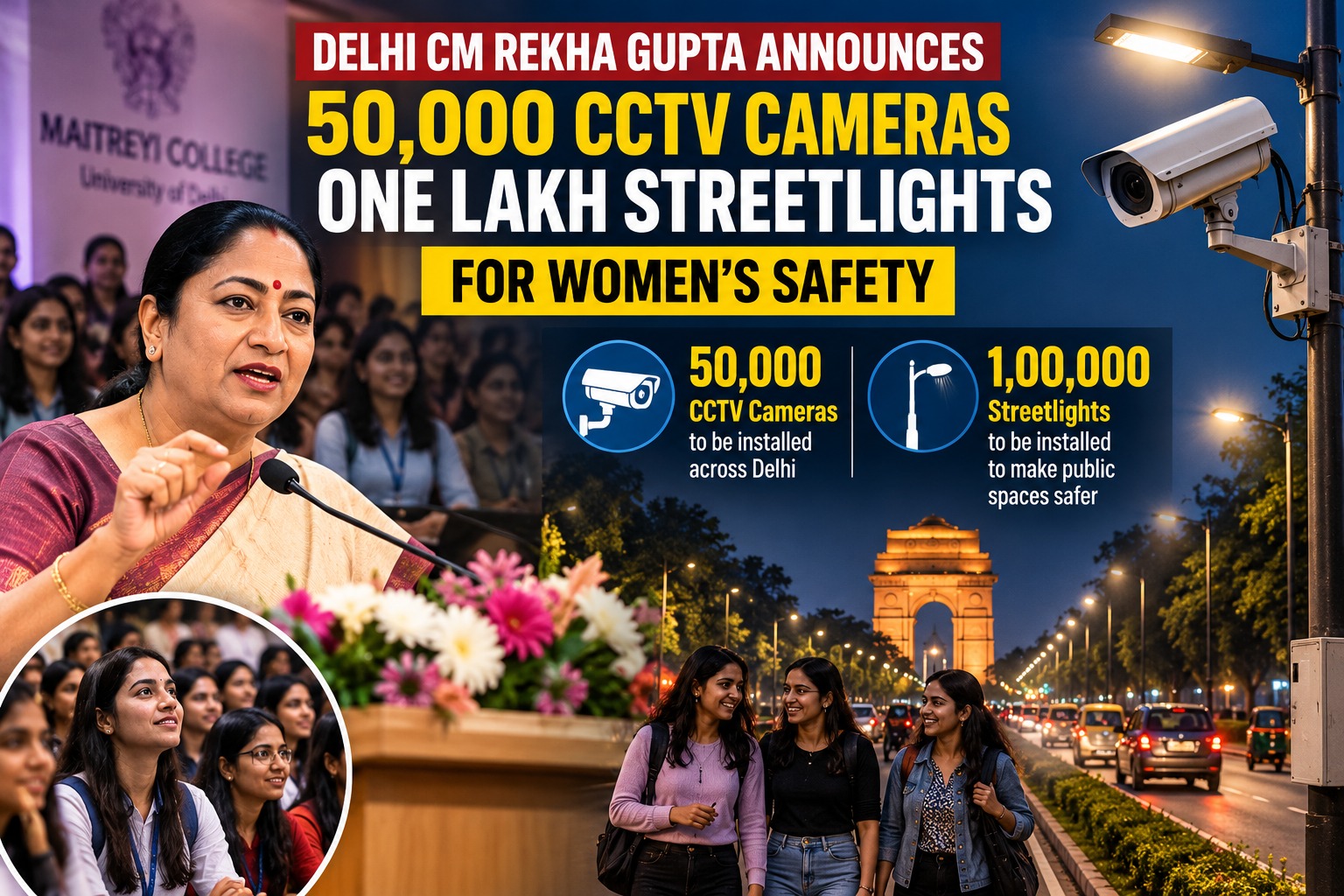 Rekha Gupta Announces 50,000 CCTV Cameras, One Lakh Streetlights Across Delhi
