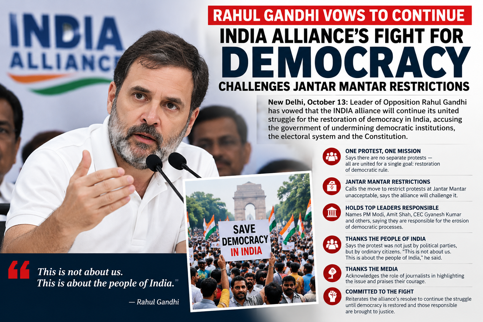 Rahul Gandhi Vows to Continue INDIA Alliance’s Fight for Democracy, Challenges Jantar Mantar Restrictions
