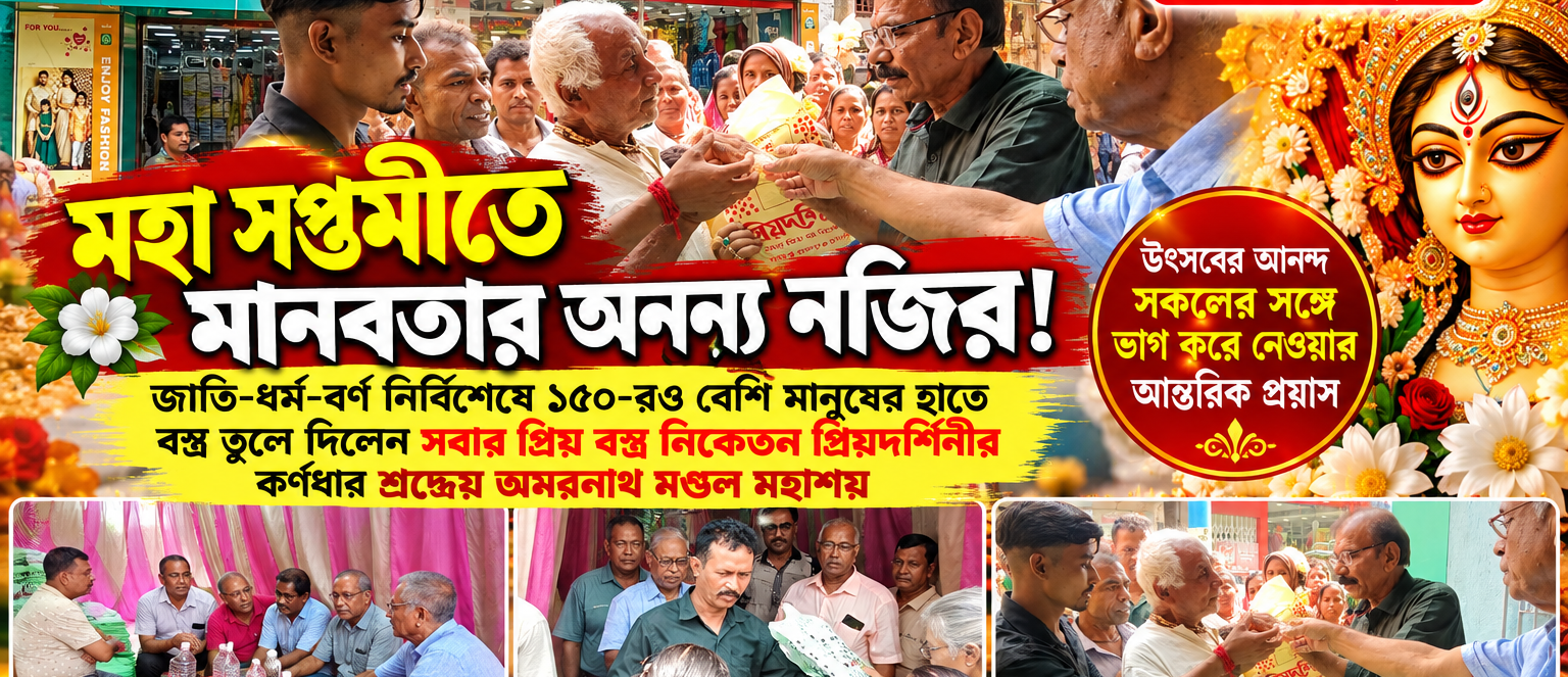 মহা সপ্তমীতে মানবতার অনন্য নজির! জাতি-ধর্ম-বর্ণ নির্বিশেষে ১৫০-রও বেশি মানুষের হাতে বস্ত্র তুলে দিলেন প্রিয়দর্শিনীর কর্ণধার শ্রদ্ধেয় অমরনাথ মণ্ডল মহাশয়