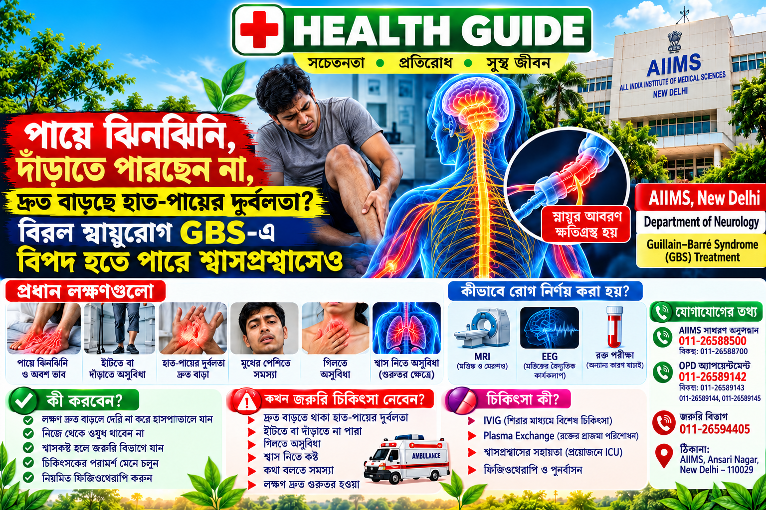 GRAM BANGLA HEALTH GUIDE  পায়ে ঝিনঝিনি, দাঁড়াতে পারছেন না? দ্রুত বাড়ছে হাত-পায়ের দুর্বলতা—বিপজ্জনক হতে পারে বিরল স্নায়ুরোগ GBS