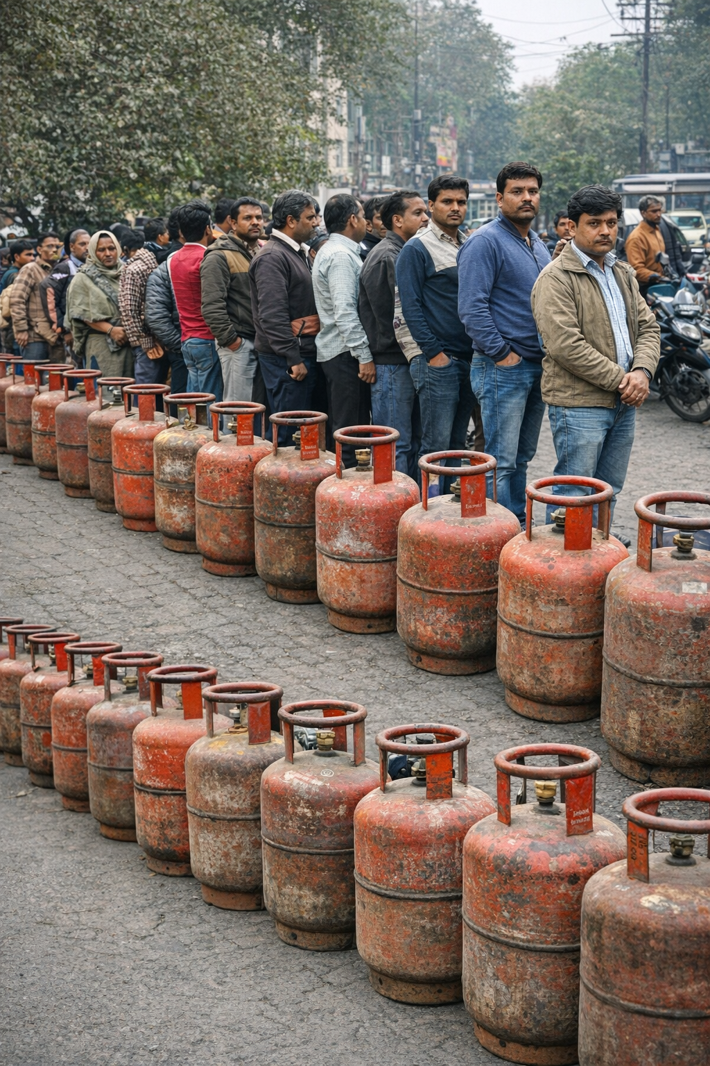 भोपाल में गैस सिलेंडर की किल्लत, लंबी कतारों में खड़े होने को मजबूर लोग