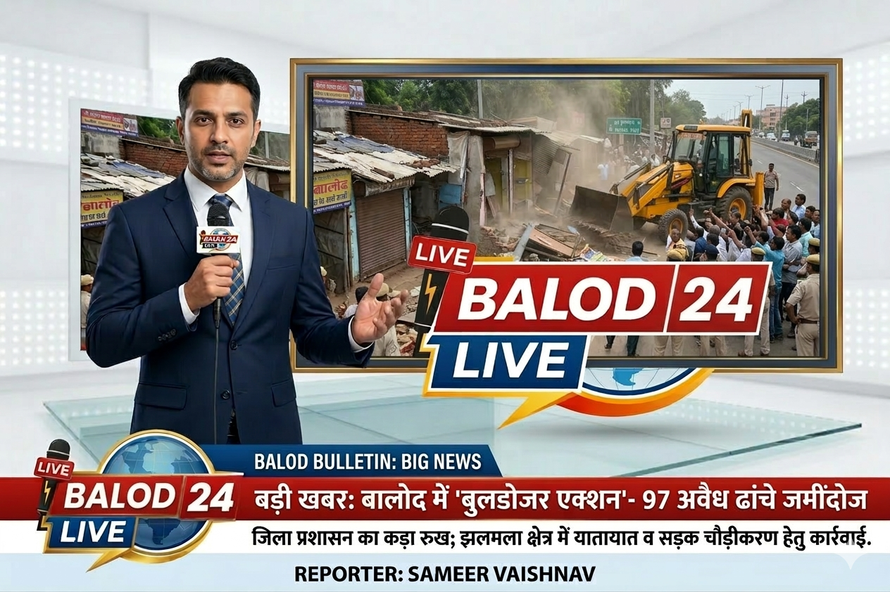 यहाँ बालोद में हुई बुलडोजर कार्रवाई पर विस्तृत न्यूज़ रिपोर्ट और उससे संबंधित एक विज़ुअल इमेज दी गई है: