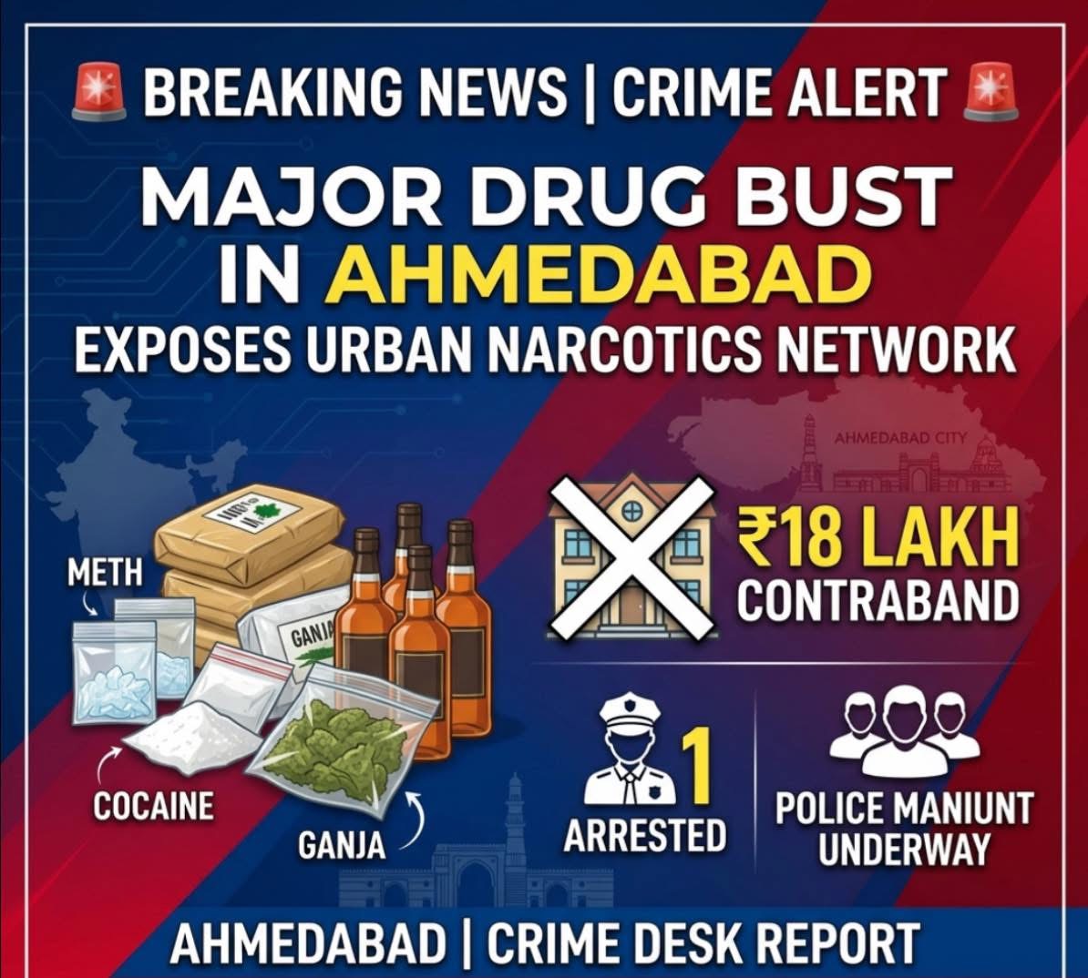 Drugs Worth ₹18 Lakh Seized in Ahmedabad; One Arrested, Investigation Underway