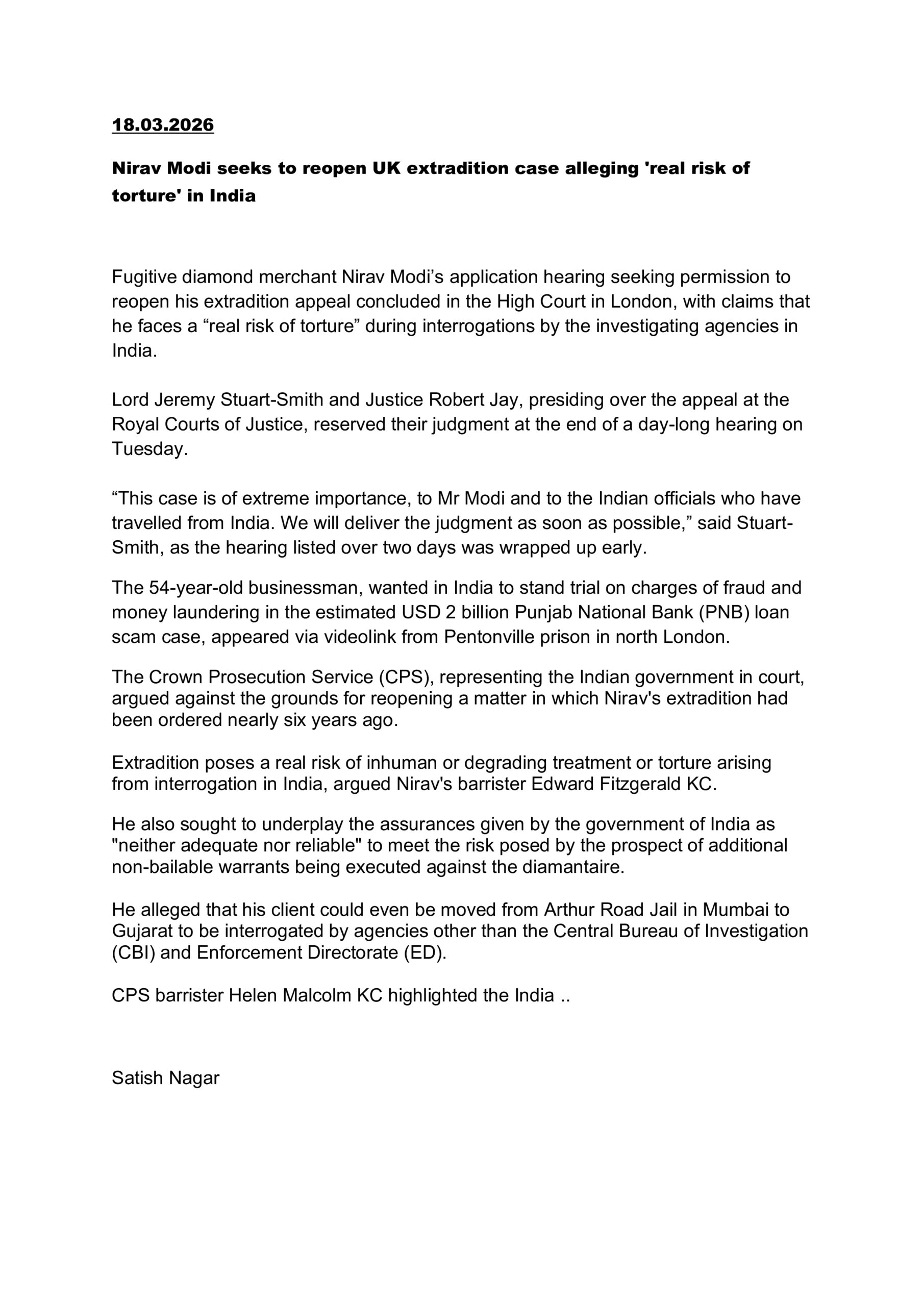 Nirav Modi seeks to reopen UK extradition case alleging ‘real risk of torture’ in India