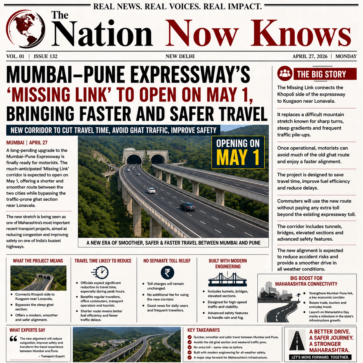 Mumbai–Pune Expressway’s ‘Missing Link’ to Open on May 1, Bringing Faster and Safer Travel Mumbai | April 27 A long-pending upgrade to the Mumbai–Pune Expressway is finally ready for motorists. The much-anticipated ‘Missing Link’ corridor is expected to open on May 1, offering a shorter and smoother route between the two cities while bypassing the traffic-prone ghat section near Lonavala.