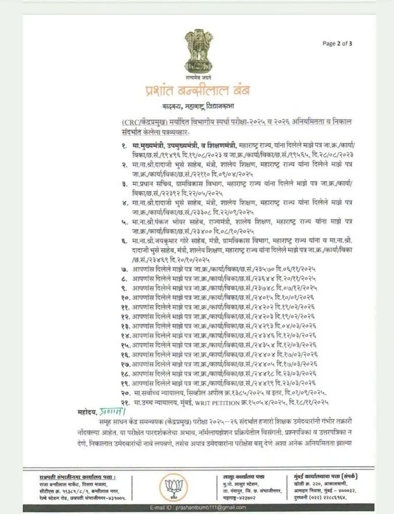 केंद्रप्रमुख परीक्षा प्रक्रियेत अनियमितता; फेरपरीक्षा घेण्याची आमदार प्रशांत बंब यांची मागणी