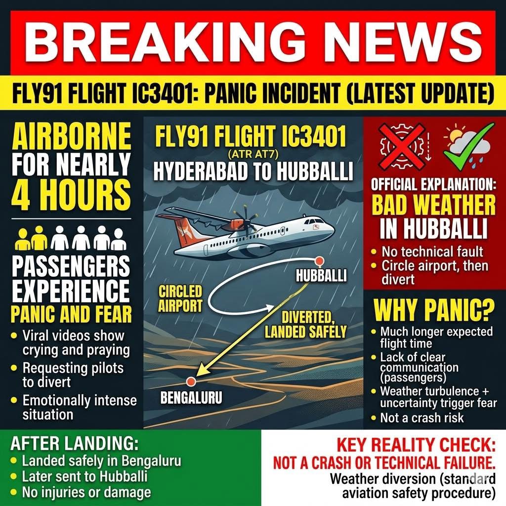 Fly91 Flight IC3401 Diverted to Bengaluru After Weather Disruption in Hubballi