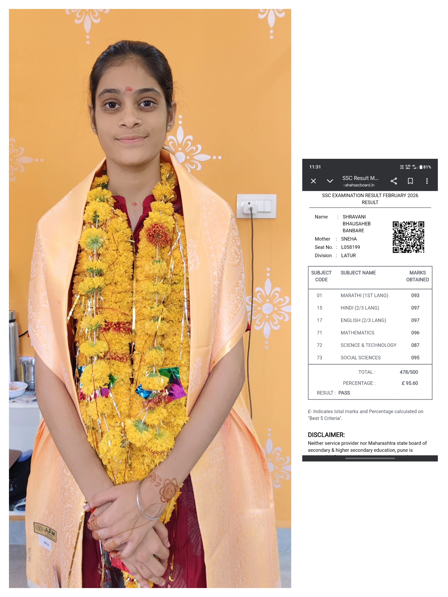 कु. श्रावणी भाऊसाहेब बनबरे हिचे SSC परीक्षेत यश; ९५.६०% गुणांसह विद्यालयात प्रथम