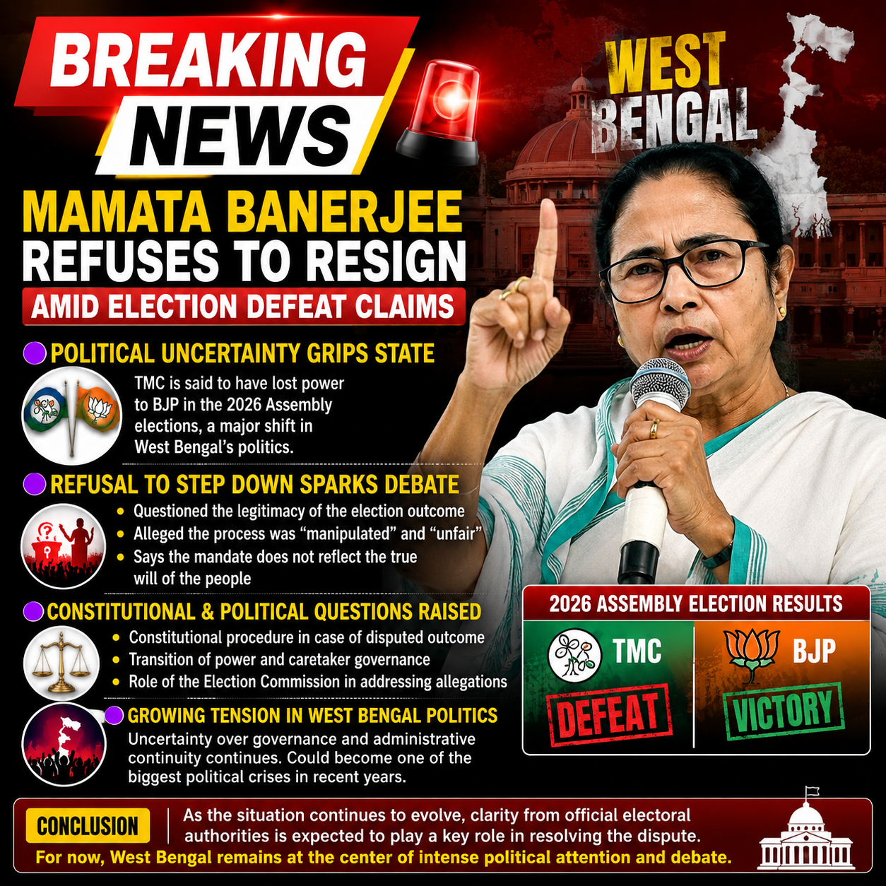 🚨 Mamata Banerjee Refuses to Resign Amid Election Defeat Claims in West Bengal