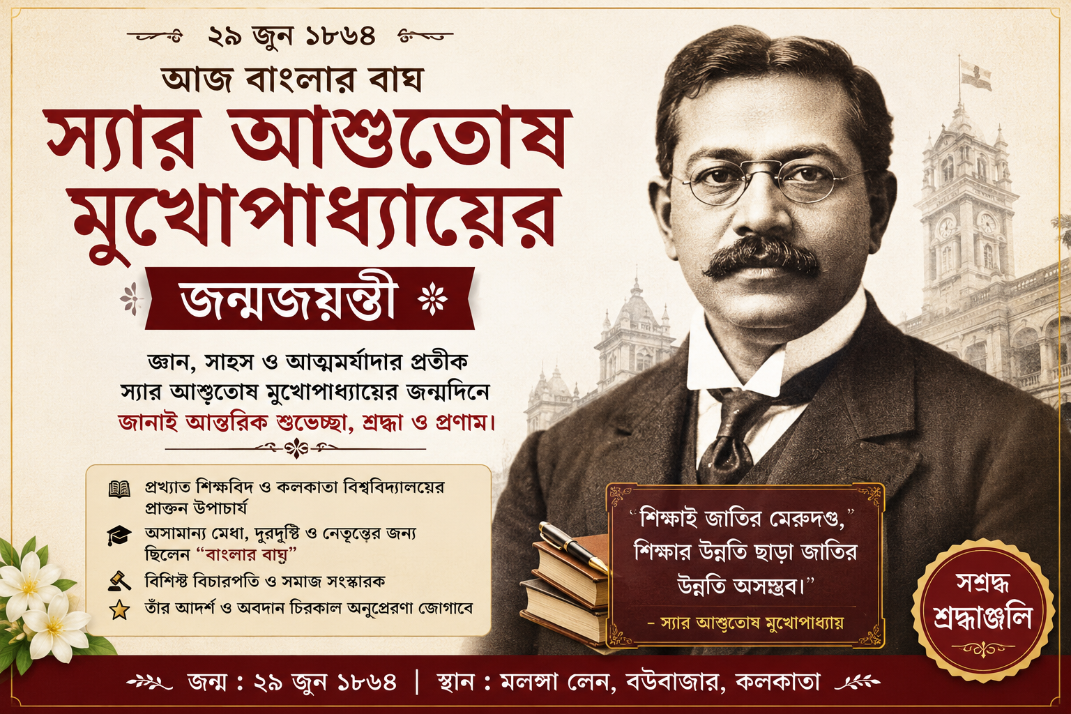 আজ বাংলার বাঘ স্যার আশুতোষ মুখোপাধ্যায়ের ১৬২তম জন্মজয়ন্তী, শ্রদ্ধায় স্মরণ করছে সমগ্র বাংলা